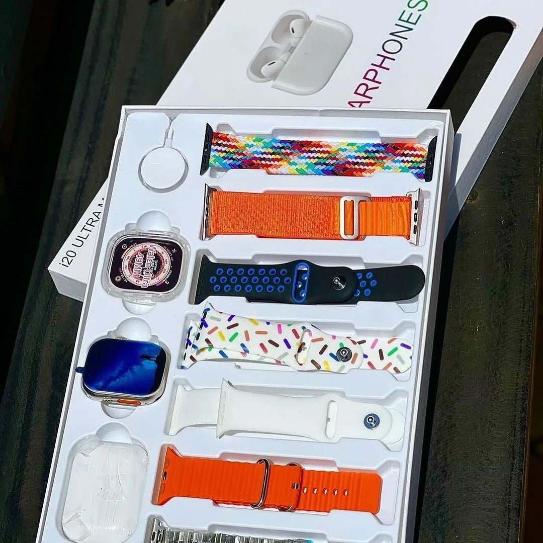 I20 Ultra Max Smartwatch 10-in-1 Box – 2.3 Inch Large Screen, 7 Stylish Straps + AirPods 2 | Limited Offer