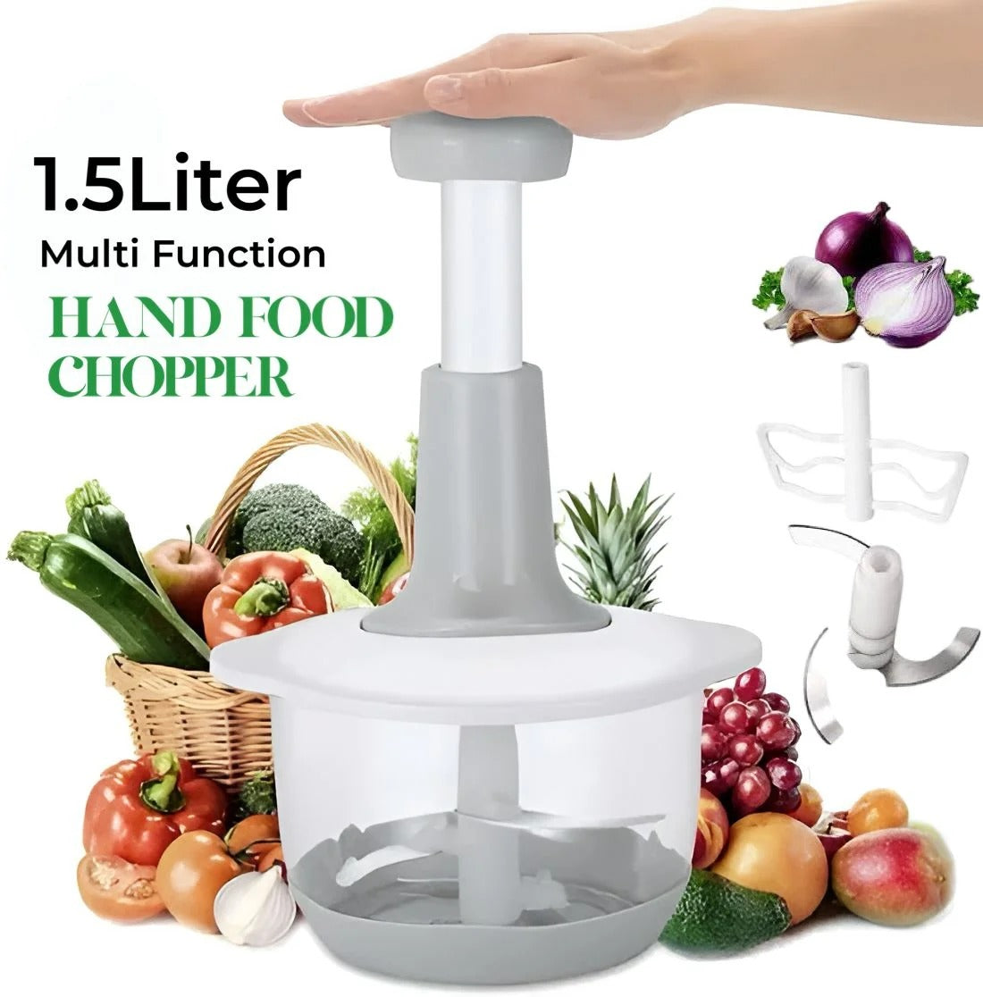 Manual Food Chopper 1.5L – Hand Press Vegetable & Fruit Cutter, Speedy Kitchen Onion Garlic Slicer, Easy Clean Plastic Body